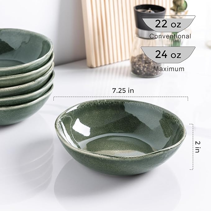 AmorArc Ceramic Cereal Bowls Set of 6, 24 oz Handmade Stoneware Bowls for Cereal Soup Salad Bread, Stylish Kitchen Bowls for Meal, Dishwasher & Microwave Safe-Jade Green