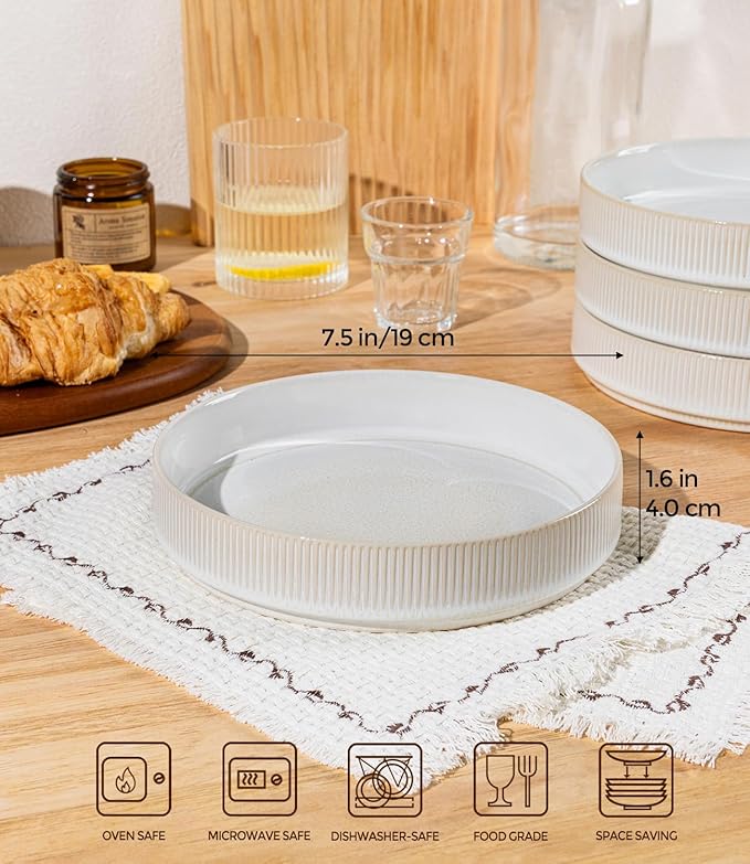 theterra 7.5'' Ceramic Pasta Bowls, Salad Bowls Set of 4, Stoneware Serving Bowls for Fruits, Noodle, Dinner, House-warming Wedding Present, Reactive White