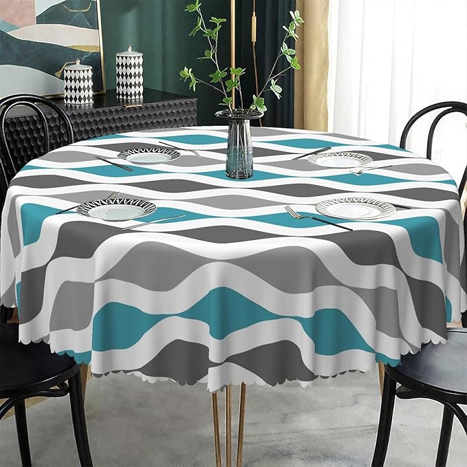 Laeacco 36 Inch Geometric Round Tablecloth Blue and Grey Waved Stripes Modern Abstract Art Print Table Cloth Washable Waterproof Wrinkle Free Table Cover for Kitchen Dining Picnic Party Decoration