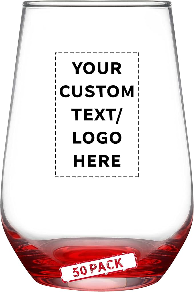 DISCOUNT PROMOS 50 Vaso Silicia Stemless Wine Glasses Set, 16 oz. - Personalized Text, Logo - Clear, Orb-Like, Thick base - Red