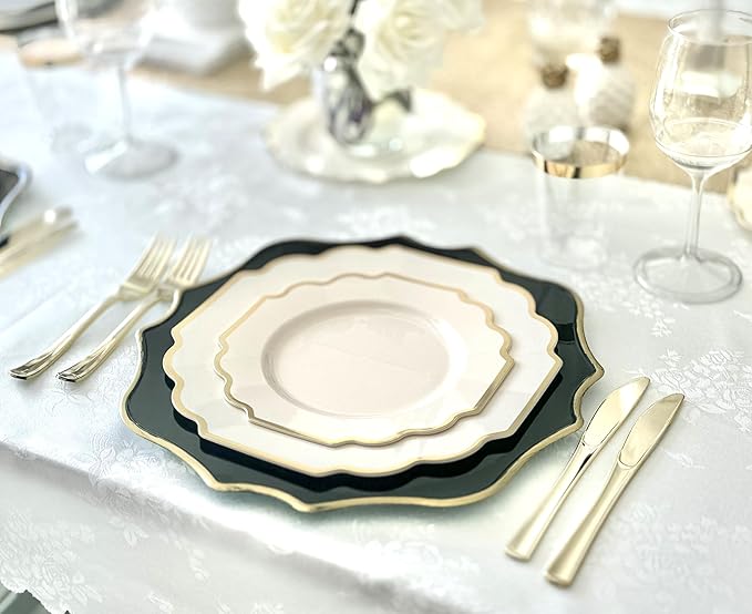" OCCASIONS " 240 Plates Pack (120 Guests) Heavyweight Wedding Party Disposable Plastic Plates Set -120 x 10.5'' Dinner + 120 x 8'' Salad/Dessert Plate (Imperial Ivory & Gold)