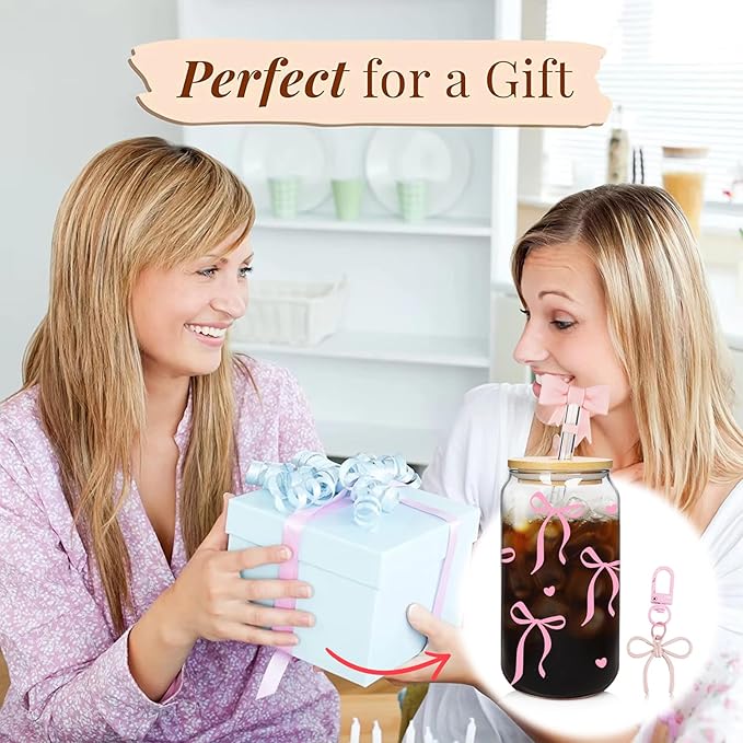 Mason Life Coquette Pink Glass Cups 18OZ Cute Bow Tumbler Glass Cup with Keychain and Straw Cover Valentines Day Galentines Gift for Iced Coffee Smoothie Cocktail Matcha Teen Girls Preppy Stuff