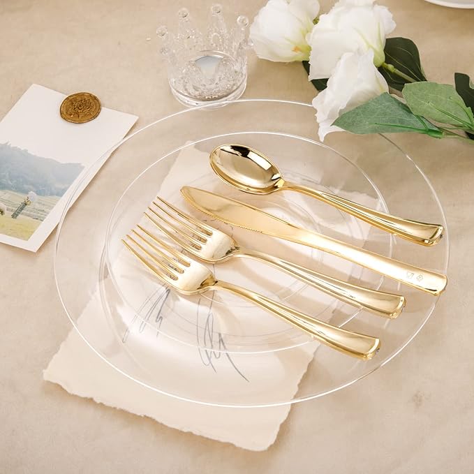 Hioasis 100pcs Clear Plastic Plates for Party - 10.25" Dinner Plates Disposable, Heavy -duty, Classy and Elegant for Wedding