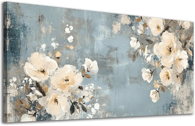 ADJUVANT Wall Art Vintage Floral 60" L x 30" W, Creamy Flowers On Distressed Blue Background Canvas Painting Blossoms Artwork Prints Floral Wall Decor for Living Room Bedroom Dining Room Home Office