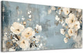ADJUVANT Wall Art Vintage Floral 48" L x 24" W, Creamy Flowers On Distressed Blue Background Canvas Painting Blossoms Artwork Prints Floral Wall Decor for Living Room Bedroom Dining Room Home Office