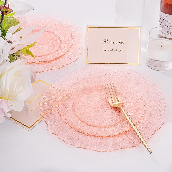 U-QE 60PCS Pink Plates for Party - Pink Valentines Plates Disposable Heavy Duty - Clear Pink Plastic Plates for Valentine's Day Including 30 Plastic Dinner Plates 10" & 30 Plastic Dessert Plates 7"