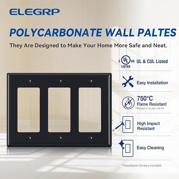 ELEGRP 3-Gang Decorative Wall Plates, Standard Size 4.53" H x 6.39" L Unbreakable Thermoplastic Faceplate Cover for Decorator Receptacle Outlet Switch, UL Listed (1 Pack, Glossy Black)