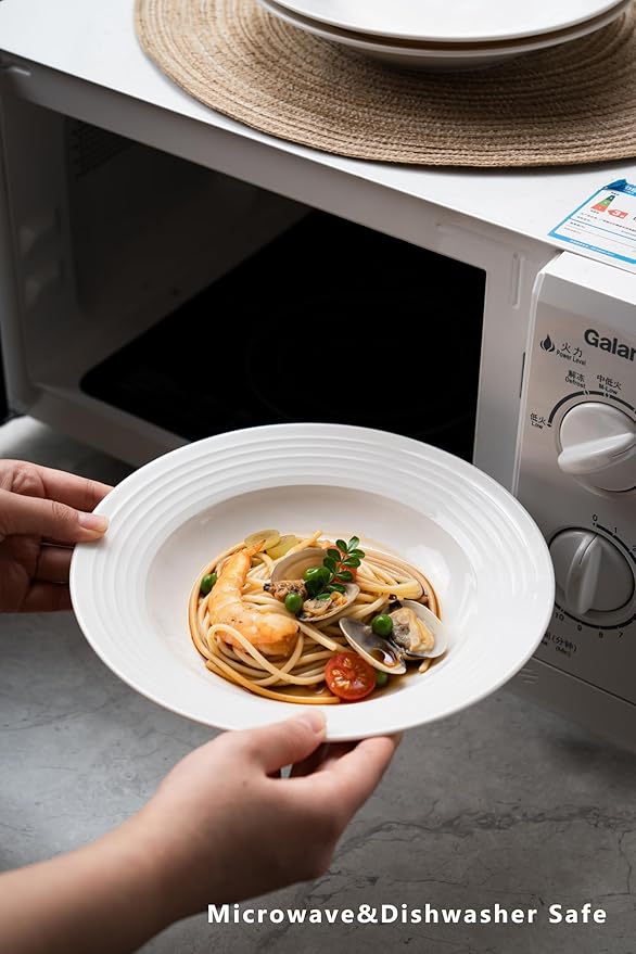 8.7-inch Wide Rim Ceramic Soup Bowl - Lead-Free White Pasta Bowls for Spaghetti, Salad, Stew, Rice Microwave & Dishwasher Safe - Scratch-Resistant & Heatproof Design Set of 4