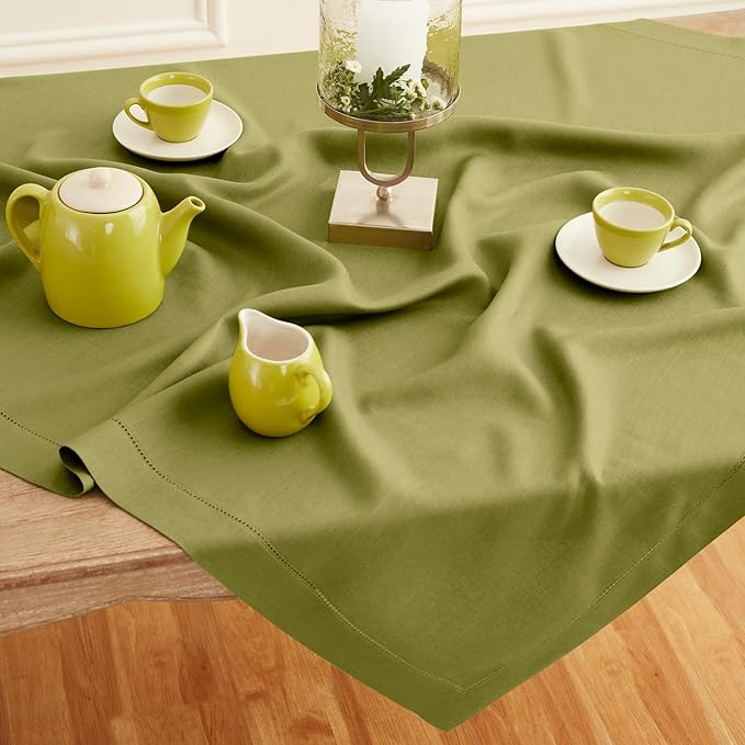 Solino Home Avocado Green Linen Tablecloth 52 x 52 Inch - 100% Pure Linen Square Table Throw - Classic Hemstitch, Machine Washable Table Cloth for Spring, Easter, St Patricks Day