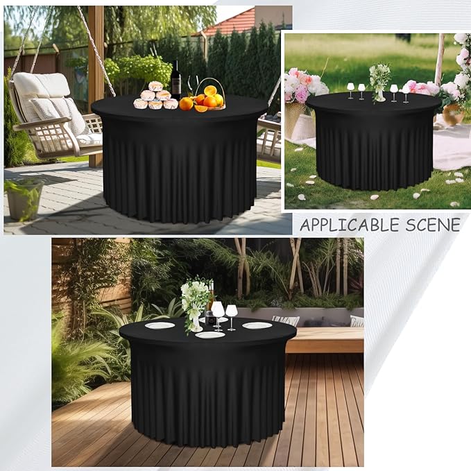 6 Pack 48" Diameter x 30" Height Black Table Skirt | Fits 4FT Round Tables | Polyester Spandex Cloths With Skirt | Stain, Wrinkle Resistant for Wedding, Party, Dining, Banquet