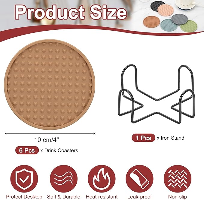 uxcell Set of 6 Round Drink Coasters with Holder, 4" Silicone Coaster for Drinks Non-Slip Cup Coaster Heat Resistant Glass Cushion for Bar Kitchen Office Decor, Brown(Pentagon)