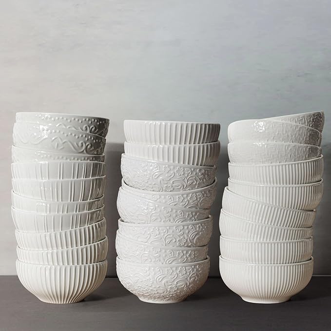 Artena Ceramic Cereal Bowls 26 oz, Embossment Soup Bowls Set of 4, White Salad Bowl for Kitchen, Dinner, Breakfast, Oatmeal, Rice, Pasta, Dishwasher Microwave Safe Bowls (Stripes)
