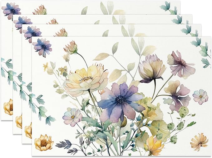 AOFOTO Floral Placemats Set of 4 Watercolor Blue Yellow Flower Green Leaves Printed Place Mats Rectangular Artistic Table Mats for Party Home Kitchen Restaurant Dining Table Decor 12x18 Inch