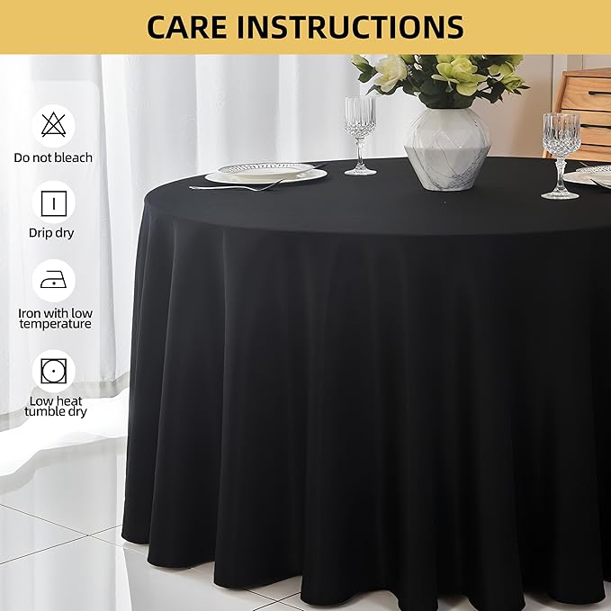 2-Pack Round 120-inch Black Table Cloths, Solid Stain and Wrinkle Resistant Circular Tablecloth, Premium Plain Weave Polyester Fabric Table Linen Covers for Hotel, Banquet