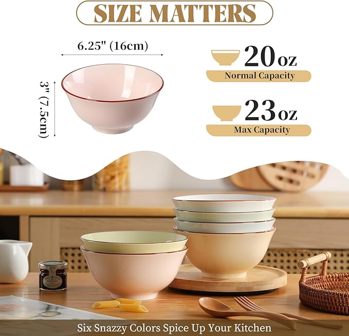 Ceramic Cereal Bowl Set of 6 - Porcelain Soup Bowls with Candy Hue - 6.25 Inch Ideal for Salad, Oatmeal, Ramen, Noodle - Microwave and Dishwasher Safe - 23 OZ