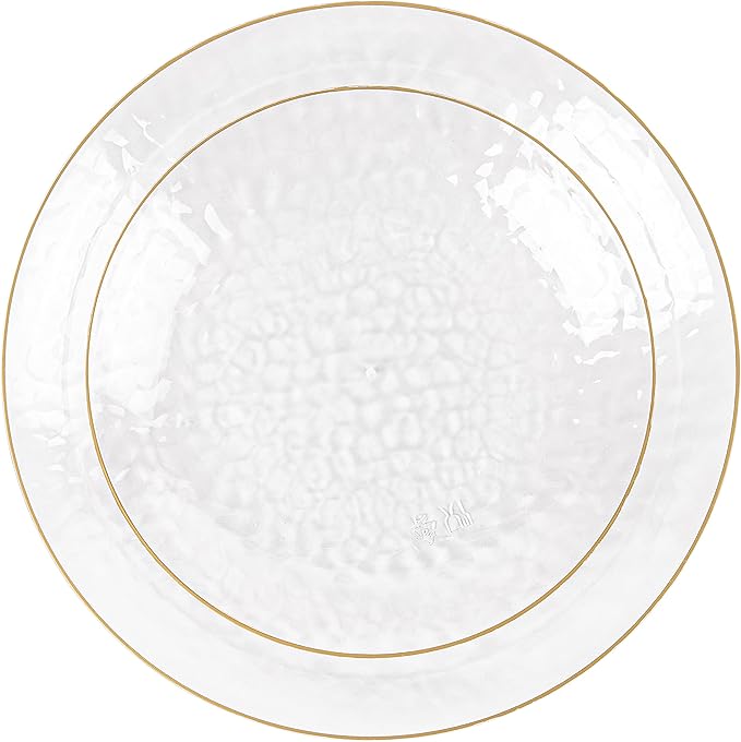PLASTICPRO 64 Piece Combo Plates Set includes 32 7'' inch Plates & 32 9'' inch Plates Clear Plastic Organic Hammered Design Party Plates With Gold Rim, Premium heavyweight Elegant, Dishes,
