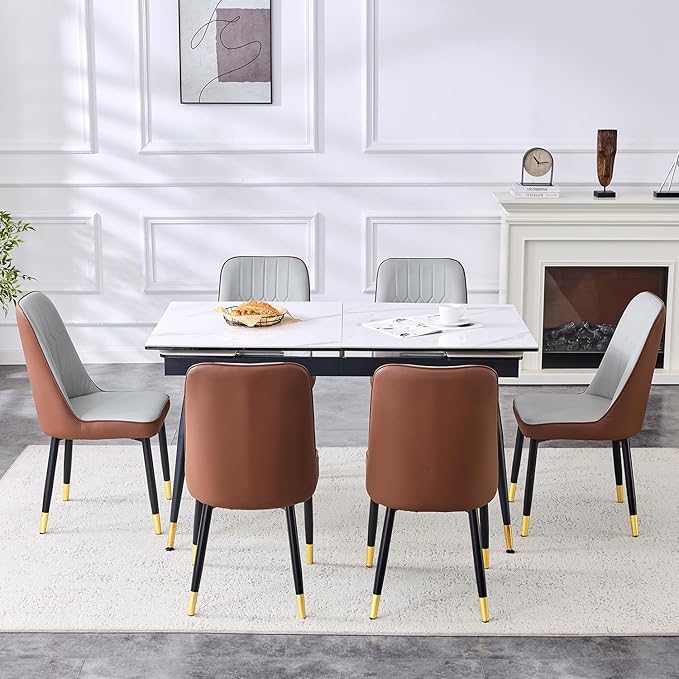 Extendable Dining Table Set for 6, 55'' to 78.8'' Rectangular Thickened Sintered Stone Kitchen Table with 6 Upholstered Chairs, Modern Space Saving 7-Piece Dinner Table Set