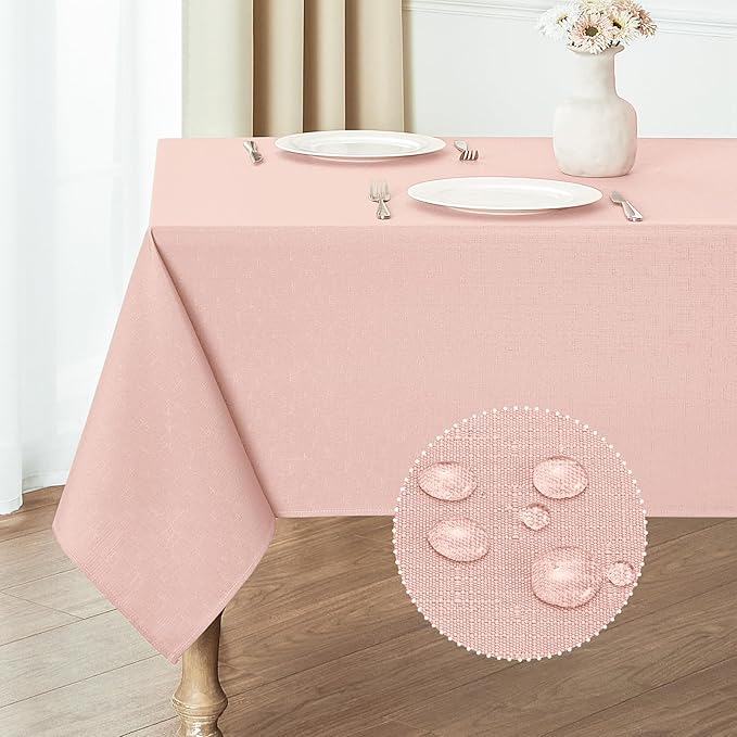 2 Pack Rectangle Tablecloth, 60x104 inch, Water Resistant Wrinkle Free Linen Textured Table Cloth Washable, Decorative Fabric Table Cover for Dining, Party and Camping, Pink