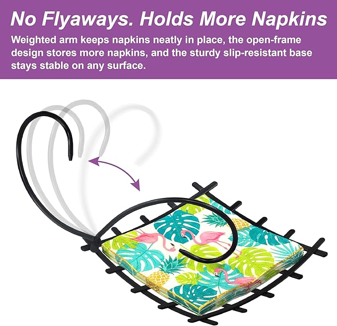 Amazing Abby Steel Luncheon Napkin Holder (8"x8") (2-Pack), Heavy-Duty Metal Napkin Dispenser with Weighted Arm and Non-Slip Pads, Great for Kitchen Counter, Dining Table, Outdoors, Picnics, and More