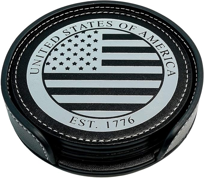 Premium American Flag Leather Coasters Set with Foil Stamped Logo - 4 USA Drink Coasters for Home, Bar Office | Flag Leather Coasters