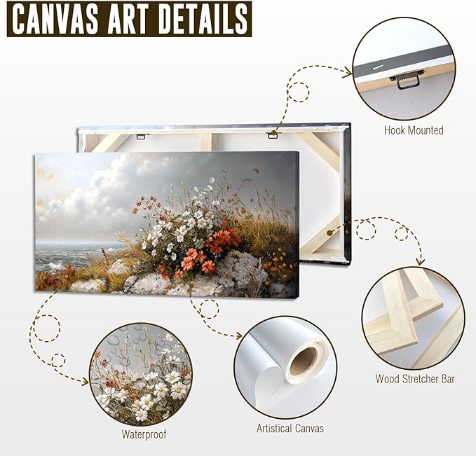 ADJUVANT Wall Art Vintage Coastal Floral Scene 48"L x 24"W, Seaside Wildflowers By The Ocean Canvas Painting Nature Artwork Coastal Blooms Prints Botanic Decor for Living Room Bedroom Bathroom Home Office