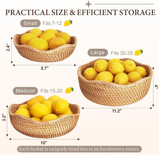 Rattan 10" Medium Wave Bread Basket for Fruit, Natural Wicker Fruit Basket for Kitchen Counter, Hand Woven Wicker Food Baskets, Bread Baskets for Serving, Gift Basket for Gifts, Vegetable, Snack, Etc.