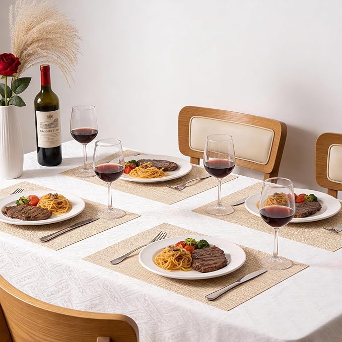 Timeet Placemats Set of 8, Heat Resistant Non-Slip Place Mats for Dining Table, Durable Washable PVC Vinyl Woven Table Mats, Linen Textured Placemats for Kitchen Resistant Easy to Clean(Beige