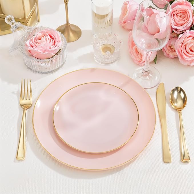 PULOTE 200Pieces Pink Plastic Plates - Premium Hard Pink and Gold Disposable - Include 100PCS 10 inch Dinner & 100PCS 7 inch Dessert Plates, Ideal for Wedding, Party & Valentines Day