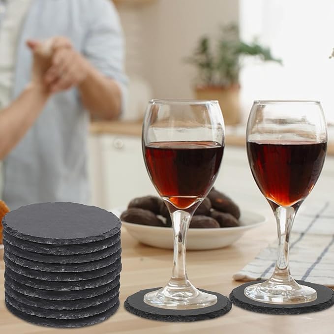 50 Pack 4 Inch Round Slate Coasters for Drinks, Black Stone Coasters with Anti-Scratch Bottom, Ideal for Home Decor, Bar, Housewarming Gifts, and Laser Engraving KUKLIPJIM