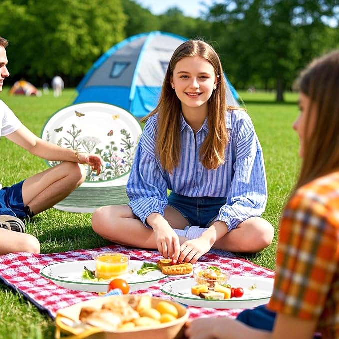50Pcs Wildflower Oval Paper Plates 10" x 12" Large Disposable Heavy Duty Vintage Green Wildflower Platters Spring Butterfly Flowers Dessert Plates for Seasonal Lunch Dinner Tea Picnic Party Supplies
