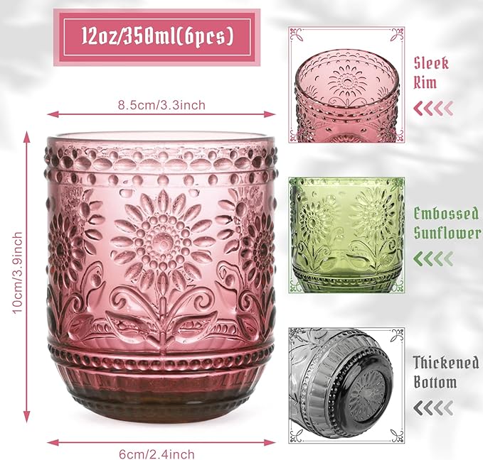 Topsky Vintage Drinking Glass Set of 6,12 oz Embossed Floral Decorative Glassware Set,Glass Cups Wine Glasses Beverages Tumblers Colored Glassware for Whisky,Beer,Juice,Cocktail,Heavy Duty