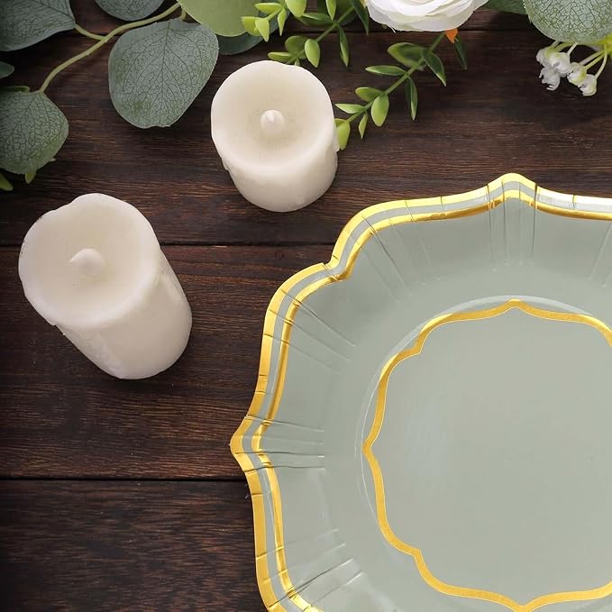 50 Pack 8" Sage Green/Gold Scallop Rim Dessert Plates, Disposable Round Paper Appetizer Salad Plates 300 GSM for Party Decoration