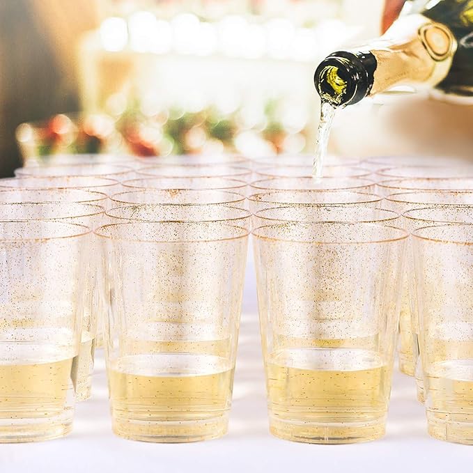 JOLLY CHEF 100 Pack 14 oz Gold Disposable Gold Glitter Plastic Cups Party Cups,Ideal for Halloween,Thanksgiving,Christmas