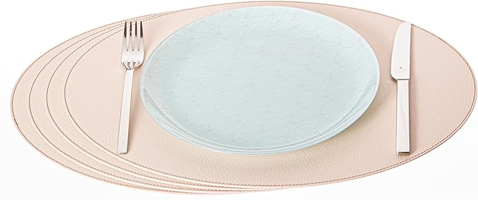 Nikalaz Oval Placemats Set (Pack of 4) Recycled Leather Table Mats 18 x 13 inches (45.7 x 33 Centimeters), Kitchen Dining Table Décor by Nikalaz (Beige - Creamy White)