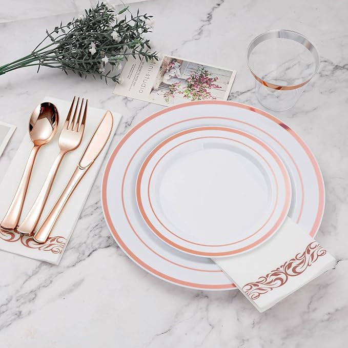 BESTVIP 175PCS Rose Gold Disposable Dinnerware Set for 25 Guests, Plastic Plates for Party, Wedding, Christmas, Include: 50 Plastic Plates, 25 Rose Gold Silverware, 25 Cups, 25 Napkins
