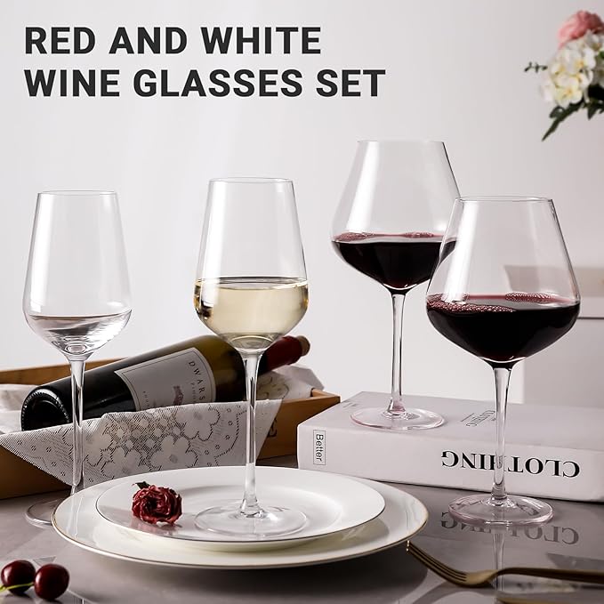 Physkoa Wine Glass Set of 4 – 2 Red (22oz) & 2 White (14oz) Hand-Blown Crystal Glasses, Perfect for Birthday, Wedding & Housewarming Valentines's Day Gifts