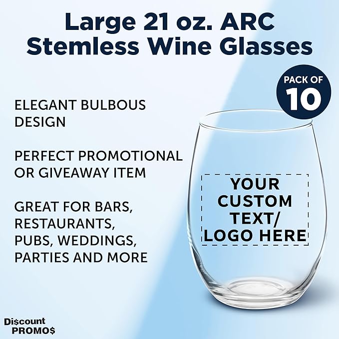 DISCOUNT PROMOS 10 ARC Stemless Wine Glasses Set, 21 oz. - Customizable Text, Logo - Chardonnay, Cabernet, Merlot, Sauvignon - Clear