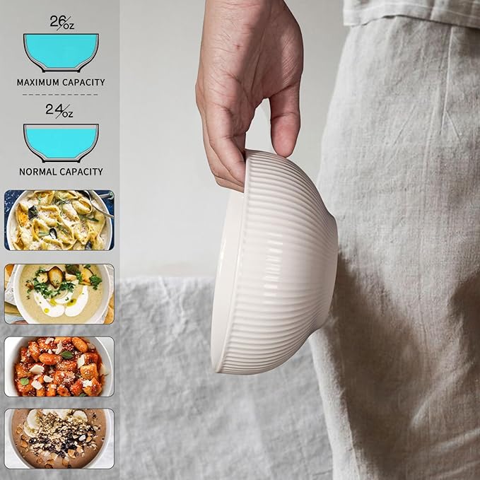 Artena Cereal Bowls 26 OZ, Ceramic Soup Bowls For Kitchen, Embossment Bowls For Rice Pasta Salad, White Bowls For Breakfast Lunch Dinner, 6 Inch, Set Of 6, Dishwasher & Microwave Safe, Stripe