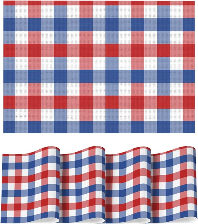 Artoid Mode Buffalo Plaid Vinyl Placemats Set of 4, 12x18 Inch Washable Non-Slip Heat Resistant Plastic Place Mats for Party Dining Table, Blue/Red