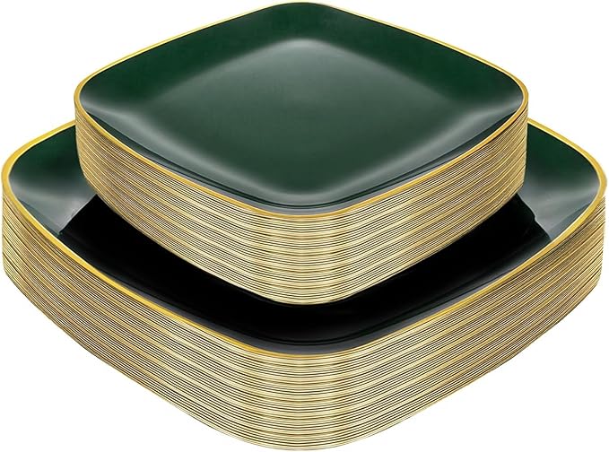 bUCLA 50PCS Green and Gold Plastic Plates - Green Gold Square Plastic Disposable Include 25 Each (Dinner & Dessert) Plates, Ideal for Party & Christmas