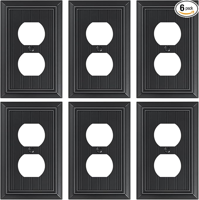6-Pack Classic Beadboard Duplex Outlet Cover Plate, Decorative Matte Black Switch Plates and Outlet Covers, Natural Bamboo Fiber Wall Plates for Electrical Outlets, 1 Gang Receptacle Cover