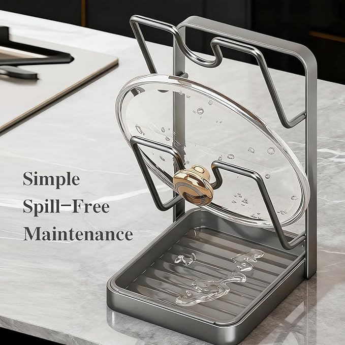 OJJ 2026 Upgraded Kitchen Pot Lid Storage Rack,Rust Resistant Kitchen Organizer for Various Lids & Utensils, With Removable Drip Tray,For Countertop Space-Saving Lid Rack(Double Layer-Gray)
