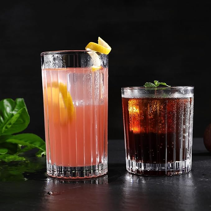 Royalrose Premium VertiLine 13.5oz Highball Glasses, 6pc Tall Glass Sets. Lead-Free Crystal Drinking Glasses. Water Glasses, Mojito Glass Cups, and Mixed Drink Cocktail Glass Set. (Tall glasses)