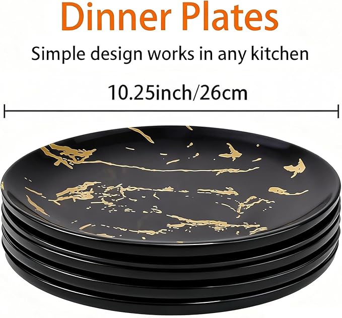 6-Piece Dinner Plate Set, 10-Inch Black Marble Ceramic Plates with Gold Rim, Oven & Microwave Safe, Elegant Appetizer Salad Dessert Plates for Modern Dining, Dishwasher Safe.