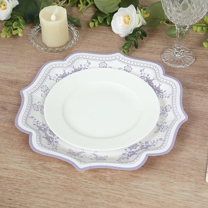 50 Pack 10" White Lavender Lilac French Toile Dinner Plates, Disposable Round Paper Party Plates 300 GSM for Festive Table Decoration