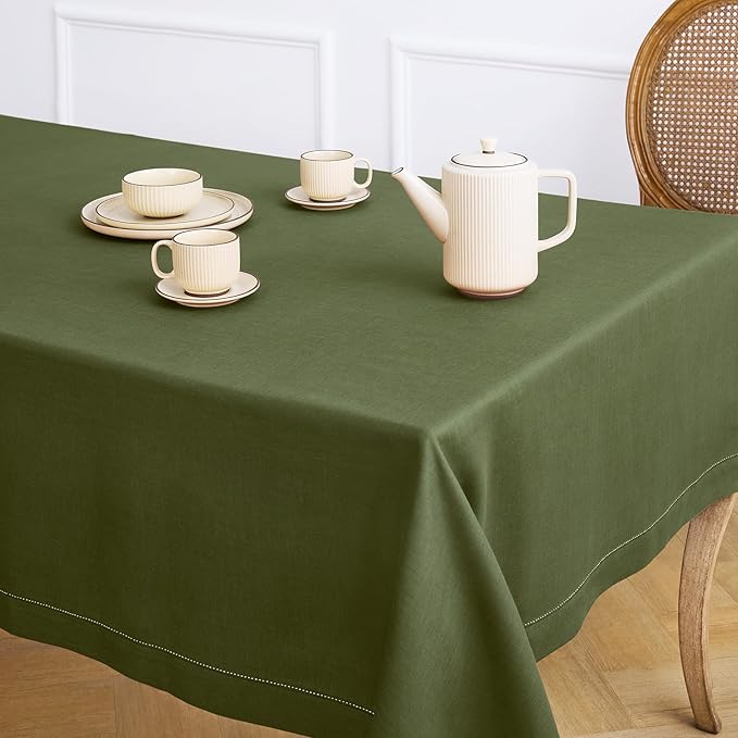 Solino Home Olive Linen Tablecloth 60 x 120 Inch - 100% Pure Linen Hemstitch Table Cloth for Rectangle Tables - Classic Hemstitch, Machine Washable Tablecloth for St Patricks Day