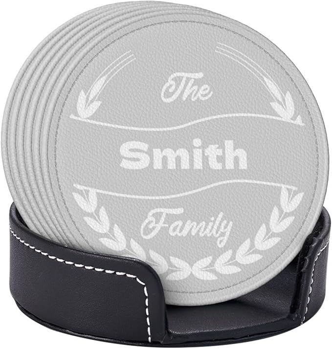 Personalized Coasters Set of 6, Photo PU Leather Coasters, Custom Grey Coaster with Last Name, Leather Gifts for 3rd for Him, Family Coaster 6 Packs, Gift for Thanksgiving