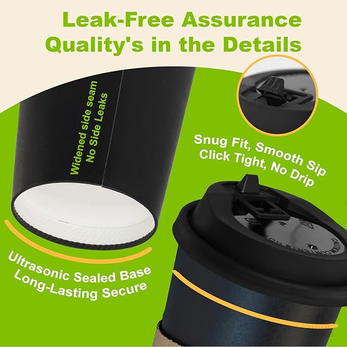100 Pack 12 oz Disposable Coffee Cups with Lids and Sleeves, Leak-Proof To Go Coffee Cups, PLA Black Paper Coffee Cups for Hot Beverage
