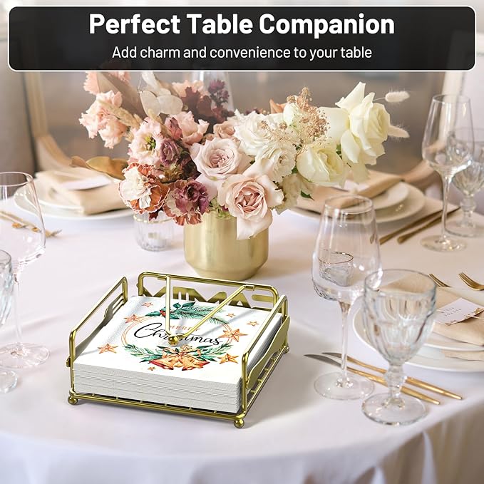 Napkin Holder for Table, Flat Napkin Dispenser with Weighted Arm, Square Cocktail Paper Holder of Elegant Rustic Iron for Kitchen Dining Room Decor Restaurant Farmhouse Hotel Party, Gold