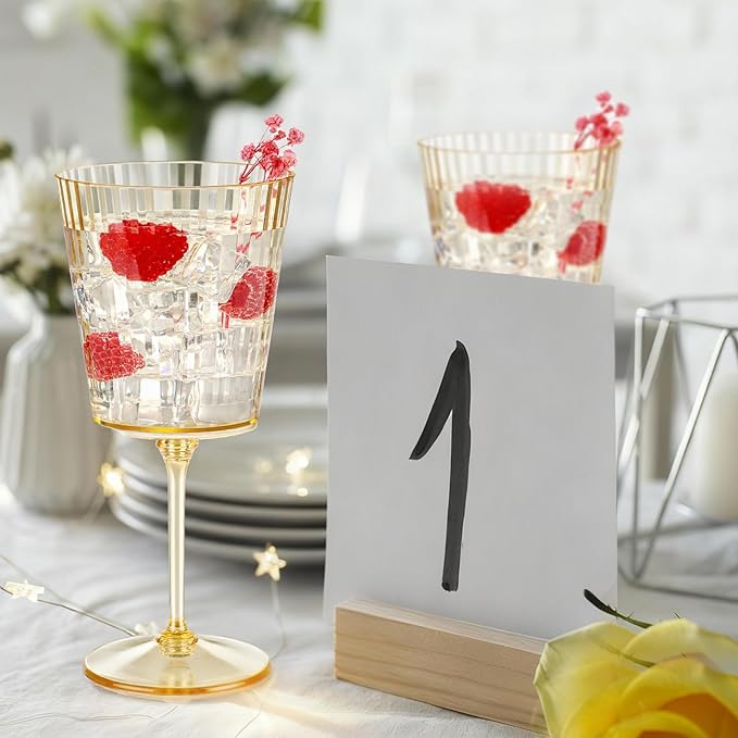 24 PCS Gold Ribbed Plastic Wine Glasses 13.5 OZ Ribbed Wine Glasses Detachable Wine Glass Elegant Fluted Glassware Vintage Style for Wedding Anniversary Birthday Dinner Parties